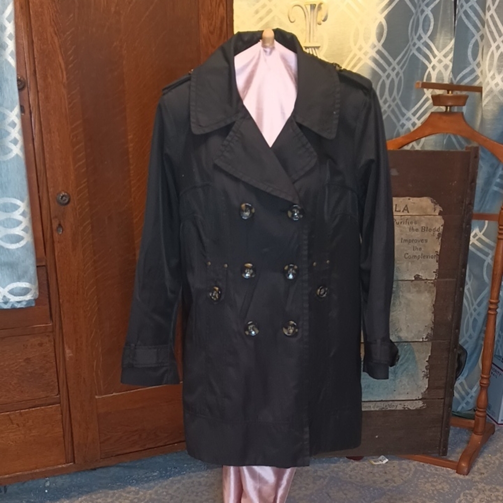 Jones New York Black Double-Breasted Trench with Epaulets